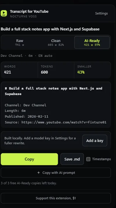 Transcript for YouTube. AI-Ready mode