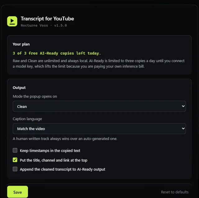 Transcript for YouTube. Settings